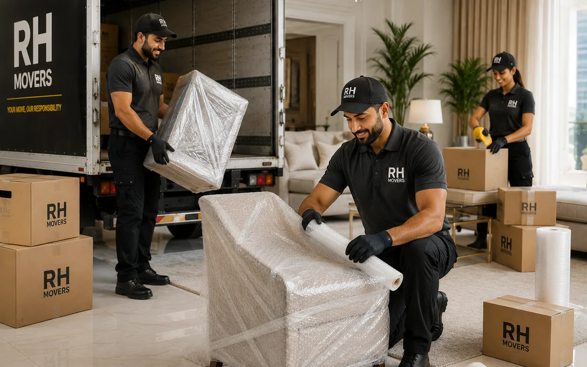 RH Movers team wrapping and protecting furniture for relocation
