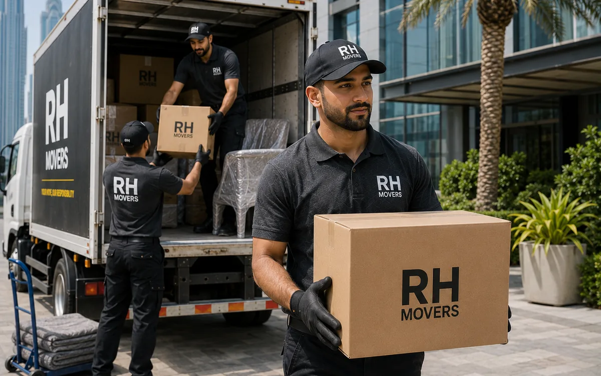 RH Movers team loading boxes outside a commercial building