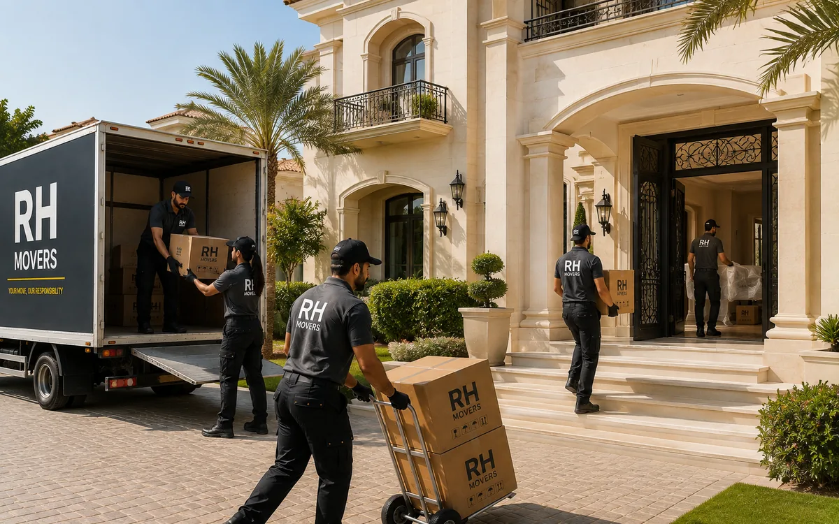 RH Movers team moving boxes into a villa in Abu Dhabi