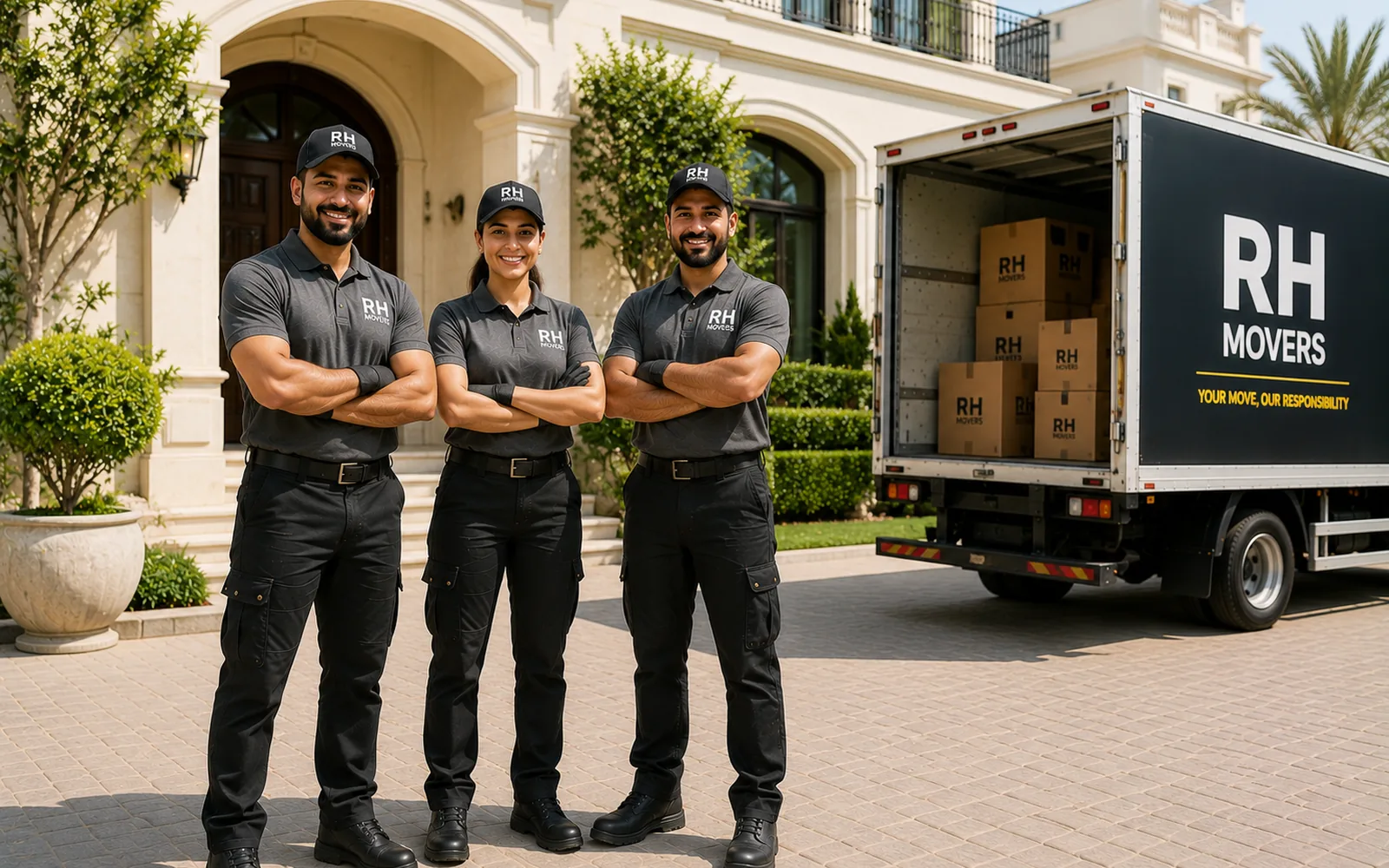 RH Movers team beside a branded moving truck in Abu Dhabi